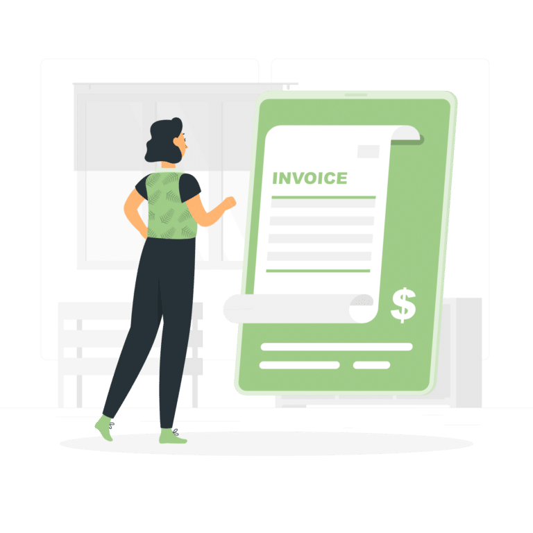 Une illustration d'une femme face à une facture électronique. Elle se tient debout face au document.