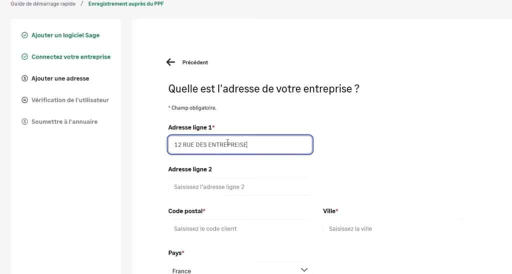 Interface provenant de la PDP de Sage, ici l'utilisateur a la possibilité d'entrer l'adresse de l'entreprise.