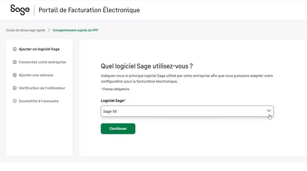 La seconde étape avec un court formulaire pour choisir sa solution Sage.