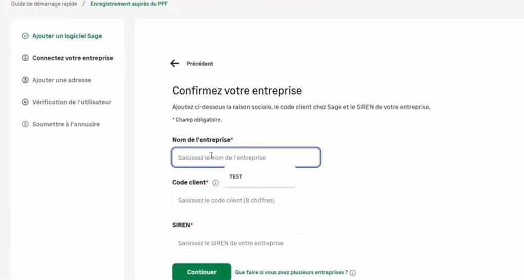 Troisième étape du processus d'inscription qui consiste à remplir les données de l'entreprise : son nom, son numéro SIRET ainsi que le code client Sage.