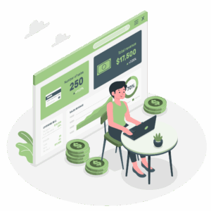 Une femme travaillant sur son ordinateur. Autour d'elle se trouve des pictogrammes de monnaie et un écran bancaire avec ses deux cartes.