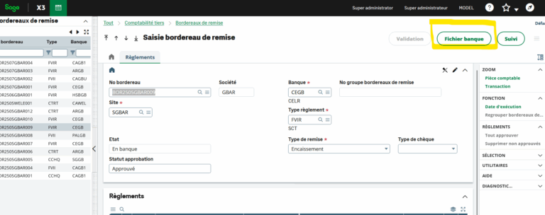 Interface sur Sage X3 du bordereau de remise, première étape avant de découvrir le format.