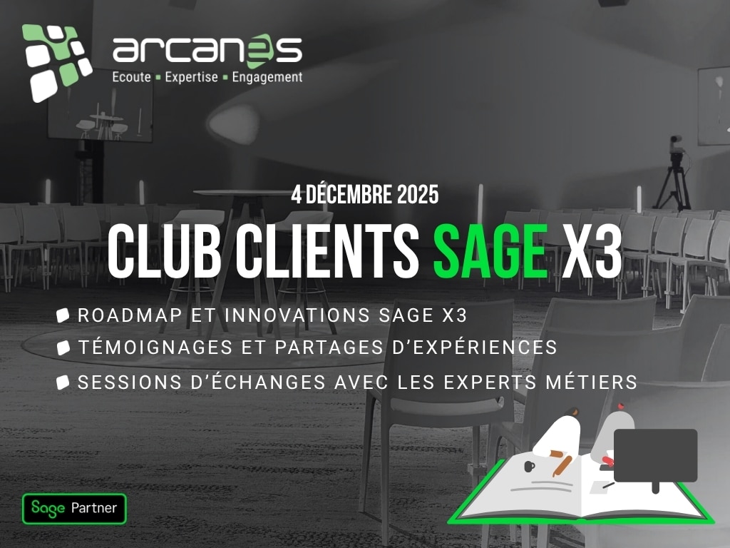 Visuel pour le club clients avec en fond la salle, un texte "Club clients Sage X3" et la description de la journée.