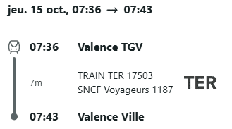 Exemple de trajet allée : Valence TGV - Valence Ville : départ à 7h36 et arrivée à 7h43