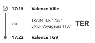 Un trajet retour Valence Ville - Valence TGV départ à 17h15 et arrivée à 17h22