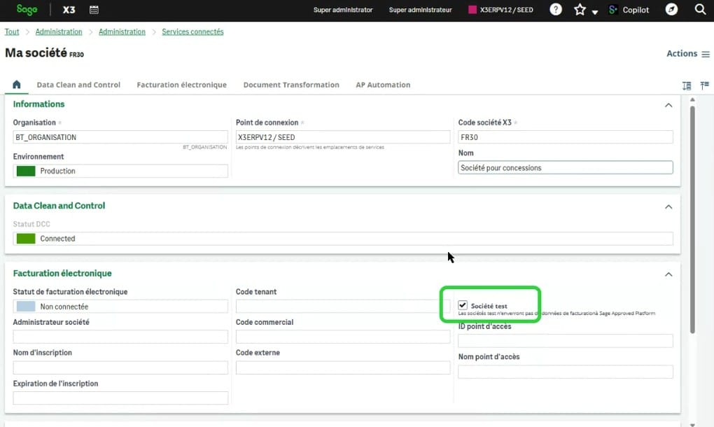 Société test - capture d'écran RFE Sage X3
