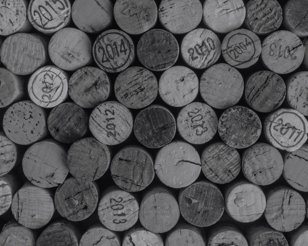 Vue en plongée sur des bouchons de vin. Photo en noir et blanc