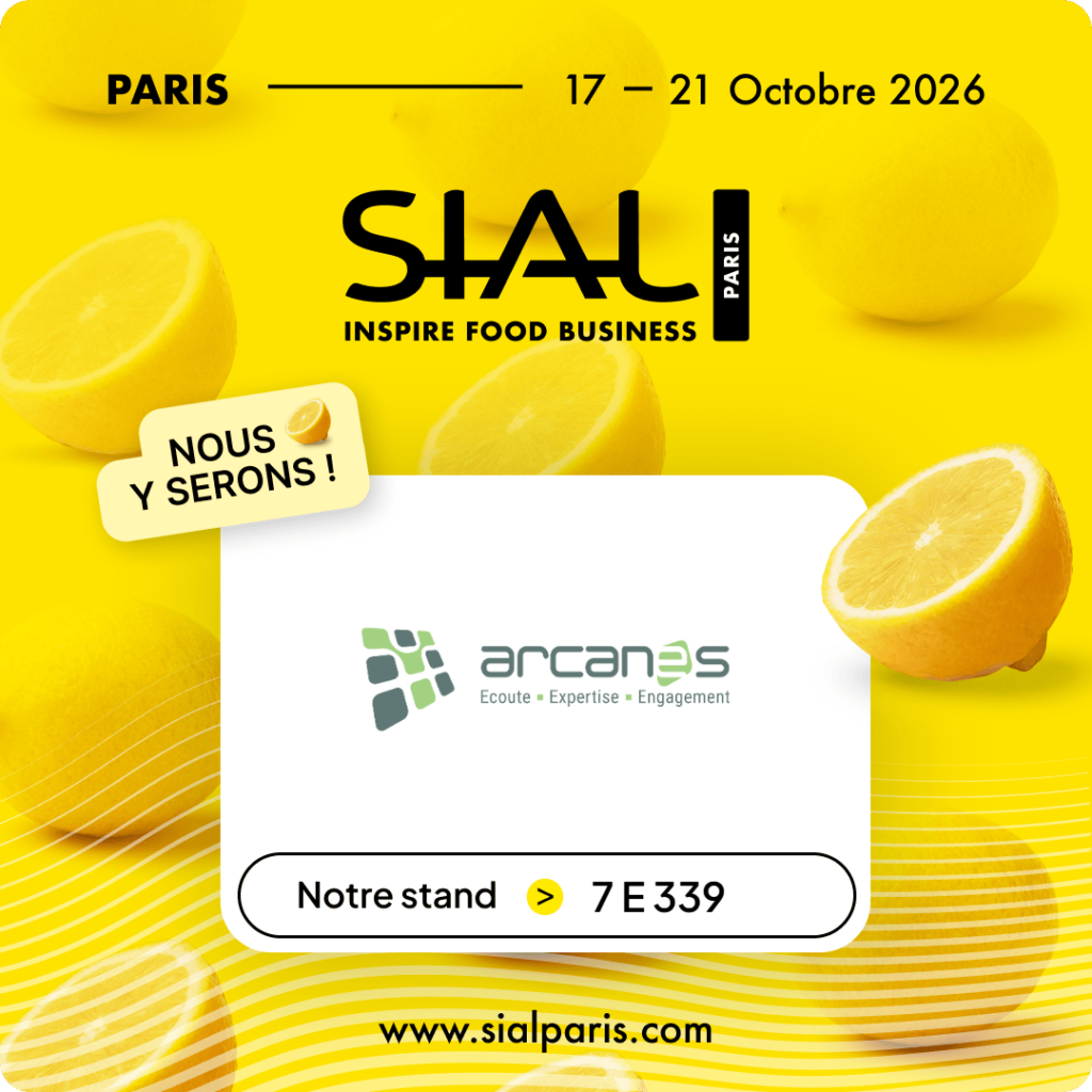 Visuel de participation au SIAL Paris. Un fond jaune avec des citrons, le logo SIAL Paris, les dates et le logo Arcanes.
